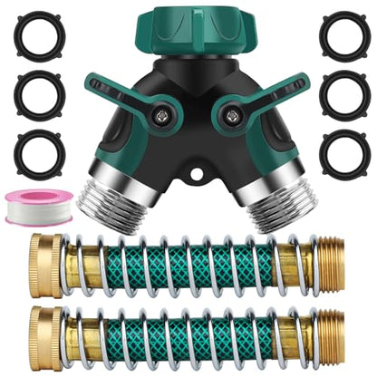 Garden Hose Splitter 2 Way, 3/4" Y Water Hose Splitter with Comfort Rubber Long Handle, Faucet Splitter, Heavy Duty Metal Connector with 2 Kink Free Faucet Extension Hose Protector - color: Hose Splitter With 2 Kink Free