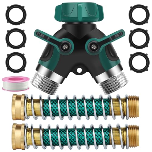 Garden Hose Splitter 2 Way, 3/4" Y Water Hose Splitter with Comfort Rubber Long Handle, Faucet Splitter, Heavy Duty Metal Connector with 2 Kink Free Faucet Extension Hose Protector - color: Hose Splitter With 2 Kink Free