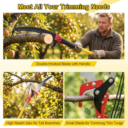 7.3-27FT Extendable Pole Saw with Scissors, Lightweight 8 Section Fiberglass Pole, Sharp High Carbon Steel Double-Hook Saw, Manual Tree Trimmer for High Branch Trimming,Lawn and Garden