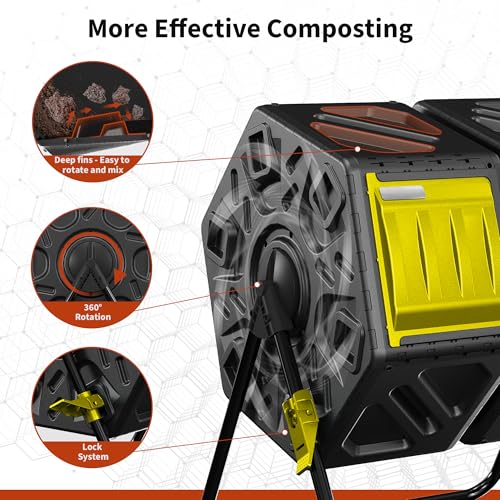 Compost Bin, 37-Gal Dual Chamber Composter Tumbler, Black Yellow