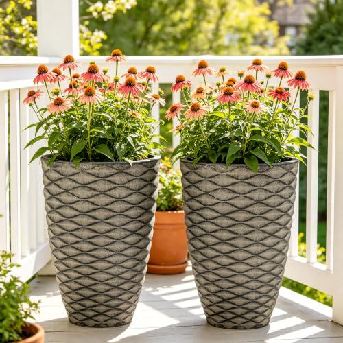 Autodaya 20" Tall Outdoor Planters Set of 2 Plant Pots, Black Wavy Texture - color: Weathered Black-20"h