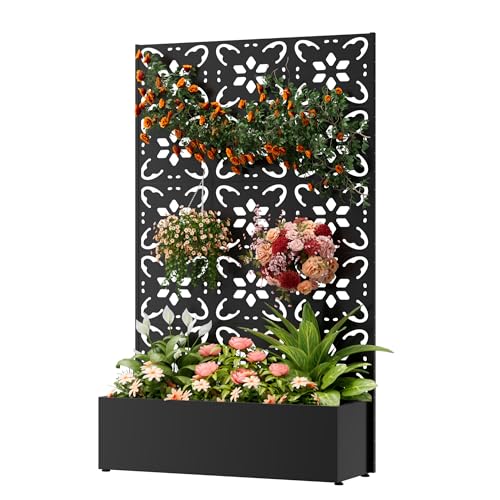 COFaR 71"Tall Metal Planter Box with Trellis,Outdoor Privacy Planter Screen - color: Floral_black