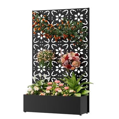 COFaR 71"Tall Metal Planter Box with Trellis,Outdoor Privacy Planter Screen - color: Floral_black