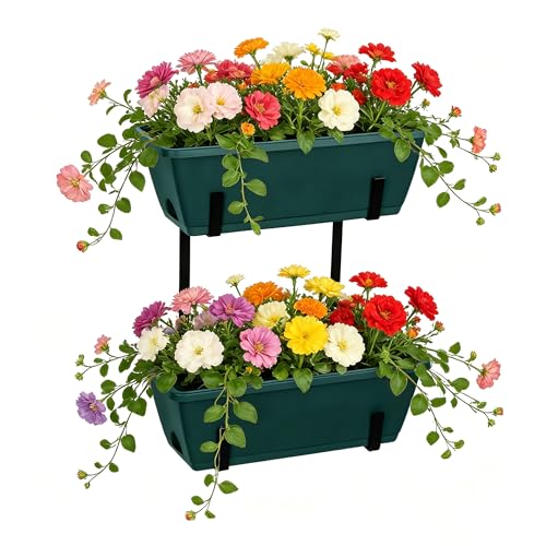 2 Pack Window Boxes Planters 17’’ Railing Hanging Planter Boxes for Outdoor Plants with Double Adjustable Brackets Rectangle Deck Railing Flower Pots Herb Planter for Fence Patio Balcony - color: Green