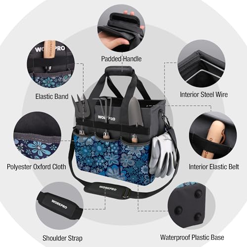 WORKPRO Garden Tool Bag, 10 Pockets and Shoulder Strap, Floral Blue - color: Floral Blue
