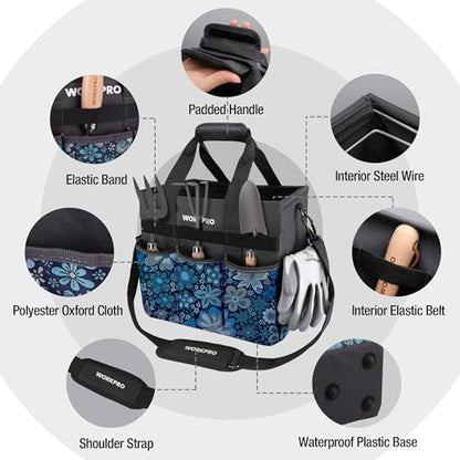 WORKPRO Garden Tool Bag, 10 Pockets and Shoulder Strap, Floral Blue - color: Floral Blue