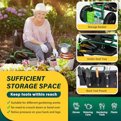 Garden Seat with Wheels, Rolling Garden Stool with Adjustable 360°Swivel Seat - color: Green