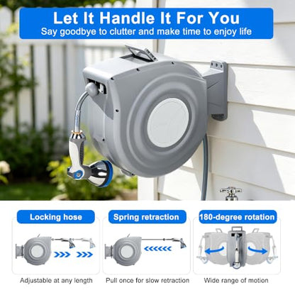 Retractable Garden Hose Reel, 1/2 in x 65 ft Wall Mounted Hose Reel - color: Light Gray, size: 1/2 in x 65 ft