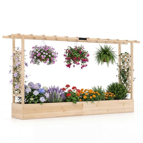 Giantex Wooden Raised Garden Bed with Trellis & Hanging Roof, Fir Wood Planter Box, 45” Freestanding Elevated Garden Bed for Outdoor Climbing Plants Vegetables Flowers, Patio & Balcony, Natural - color: Natural, size: 87”x14”x45”