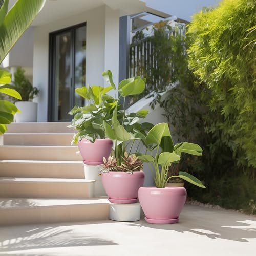 Ceramic Planters, 10+8+6 Inch Ceramic Plant Pots Indoor, Pink - color: Pink