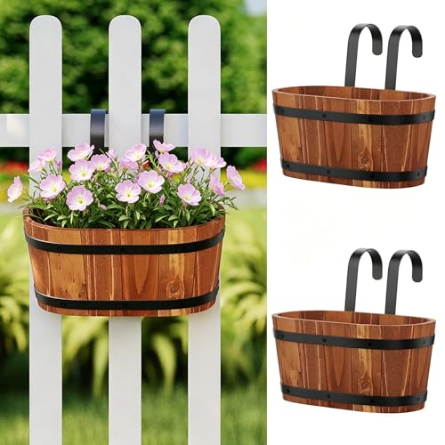2-Pack Wooden Railing Planters, Hanging Flower Pots - color: Brown-2pcs, size: Small