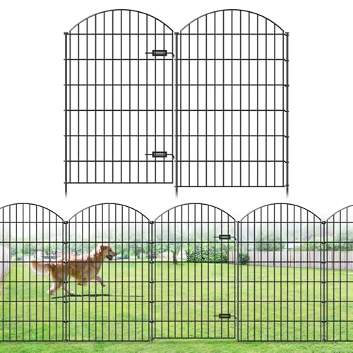 Metal Garden Fence with Gate 48 in x 20.3 ft, No-Dig Outdoor Dog Fence - size: 48"Hx20.3ft (Gate+7Panels)