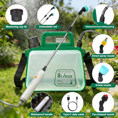 2.1 Gallon Battery Powered Sprayer, Upgraded Electric Weed Sprayer with USB Rechargeable Handle, Retractable Wand, 3 Mist Nozzles Leak-Proof for Lawn,Garden,Farm (Green) - color: Green
