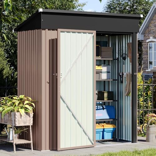 Aoxun 4.9x2.9 FT Outdoor Storage Shed - Metal Garden Shed with Base - color: Brown, size: 5' x 3'/Base