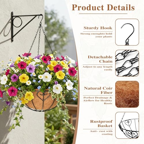 4 Pack Hanging Planter for Outdoor Plants 14 inch Metal Hanging Flower Basket with Coco Coir Liner Round Wire Plant Holder Chain Flower Pots Outdoor Garden Decoration Watering Hanging Baskets（AX） - size: 14" x 4 Pack, style: Heart-shaped