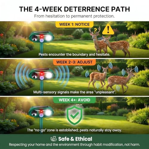 4Pack Upgraded Ultrasonic Deer Repellent for Plants Solar Animal Repellent Outdoor with Motion Sensor Strobe Light for Rabbit Cat Deterrent Raccoon Squirrel Fortress Pro Keep Deer Out of Yard Garden
