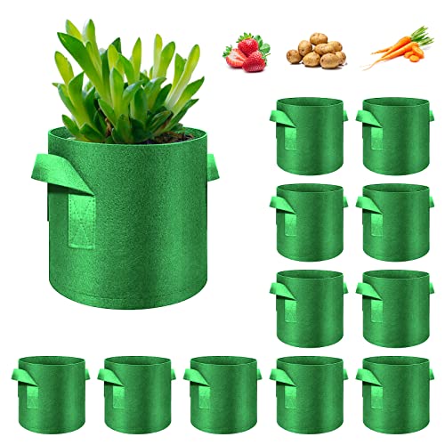 12-Pack 7 Gallon Plant Grow Bags, Thickened Nonwoven Fabric Pots with Handles, Vegetable Planter Bags Containers, Cloth Planters for Garden Vegetable/Flower/Plant/Fruits Outdoor (Green) - color: Green, size: 7 Gallon