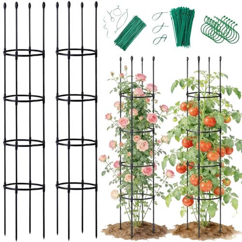 2 Pack Tomato Cages for Garden - Heavy Duty Tomato Trellis for Climbing Plants Outdoor & Indoor - 63 Inch Adjustable Tall Plant Cage & Support Garden Stakes for Pots Vegetables Flowers Fruits Vines - color: Black - 2 Pack