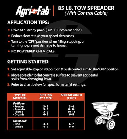 Agri-Fab Tow Behind Broadcast Spreader for Seed and Fertilizer, 85 lb Poly Hopper Capacity with Cable Flow Control, Made in USA - style: 85 lb. Cable Control Tow-Behind Spreader
