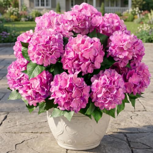 Sousi Hydrangea Artificial Flower for Outdoor, 4 Bundles Fake Hydrangea Bush Plant UV Resistant for Outdoors Front Porch Indoor Home Garden Decor (Fuchsia Pink) - color: Fuchsia