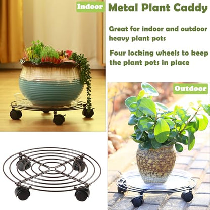 6 Packs Large Metal Plant Caddy with Wheels 13" and 11.8" Heavy-duty Wrought Iron Rolling Plant Stands with Casters Plant Dolly Plant Roller Base Indoor and Outdoor Plant Pot Movers Planter Rollers - color: Brown