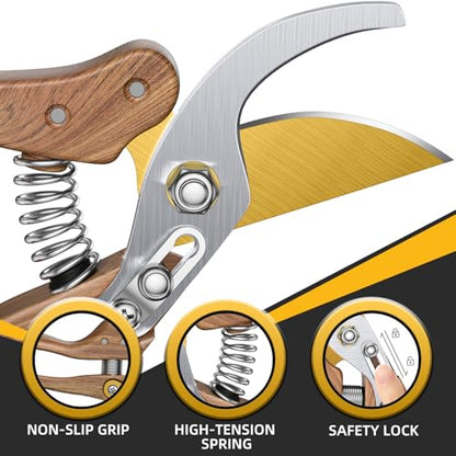 DECERK® 8.5" Premium Bypass Pruning Shears, Wood-Grain Garden Clippers - color: Woodgrain