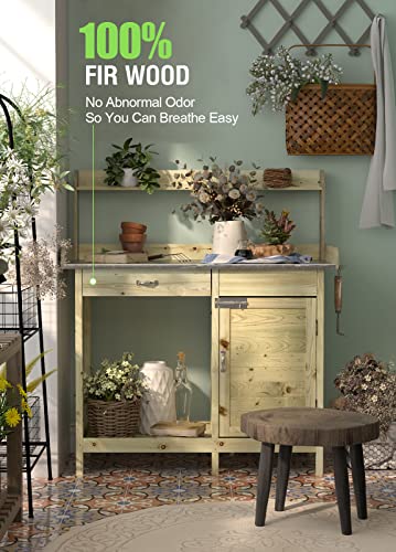 ARNOT Outdoor Potting Bench with Stainless Steel Tabletop, Wooden Garden Workstation with Storage Shelves for Planting, Repotting and Gardening Tools, Natural Fir Wood, 44" x 18" x 49.5"