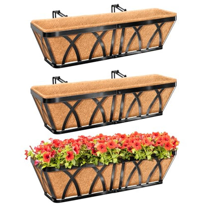 Riare 3 Pack 24 Inch Metal Railing Planter Window Box with Coco Liner- Adjustable Window Flower Boxes for Railings, Hanging Rail Planters for Deck, Balcony, Porch, Fence, Indoor Outdoor Plants - size: 24in