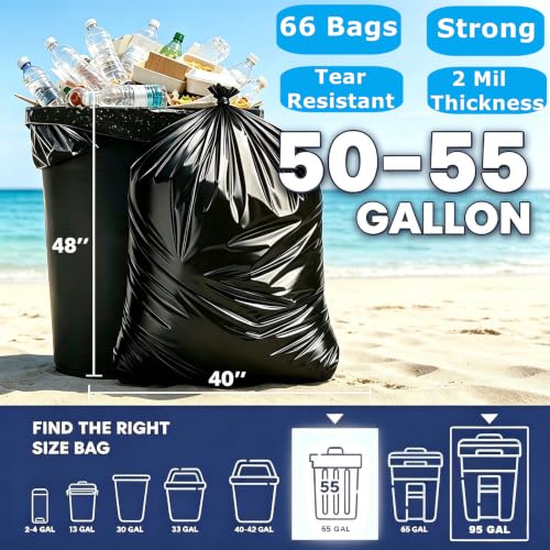 55 Gallon Trash Bags, Heavy Duty Garbage Bags 66 Count 2.0 Mil Extra Thick - size: 1 Count (Pack of 66)