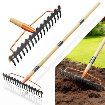 Bow Rake Heavy Duty 17-Tine, 55" Wooden Handle Garden Rake