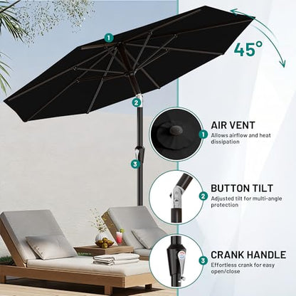AreShark 9FT Outdoor Patio Umbrella with Tilt and Crank, Black - color: Black, size: 9ft