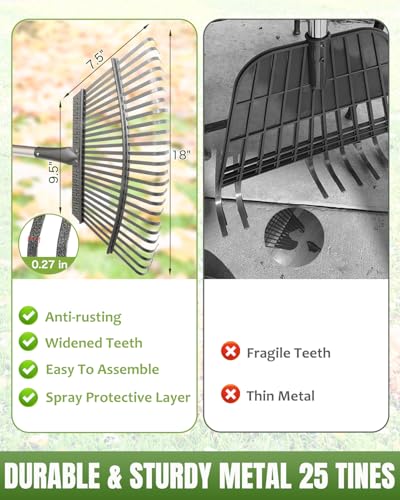 65 Inch 25 Tines Metal Leaf Rake Set with 40 Gal Dustpan-Type Bags - style: Green Dustpan