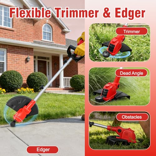 21V Electric Weed Wacker & Edger Lawn Tool Auto-Feed with 2.0Ah X 2 Battery - color: Bright Red