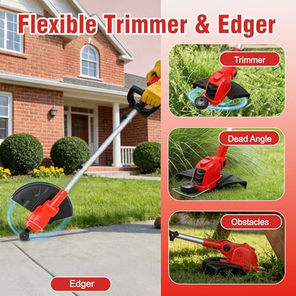 21V Electric Weed Wacker & Edger Lawn Tool Auto-Feed with 2.0Ah X 2 Battery - color: Bright Red