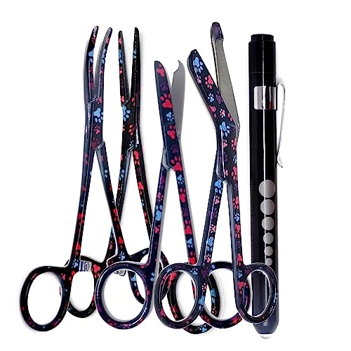 5 pc Bandage Scissors 5.5", Stitch Scissors 4.5", Hemostat 5.5" Straight & Curved, Diagnostic Penlight Made of Premium Quality Stainless Steel - For Emergency Training Supplies & First Aid Kit (Black) - color: Black