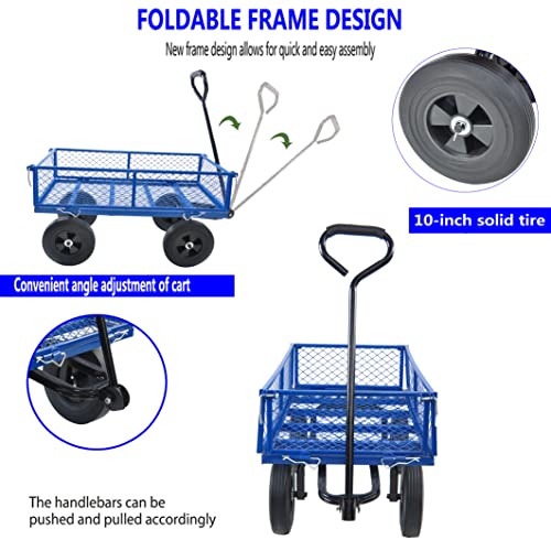 Metal Utility Wagon with 10" Solid Large Wheels 500 Lbs Capacity Heavy Duty Wheel Barrow Mesh Steel Garden Wagon Cart Dump Cart Pullable with 180° Rotating Handle Removable Sides (Blue) - color: Blue