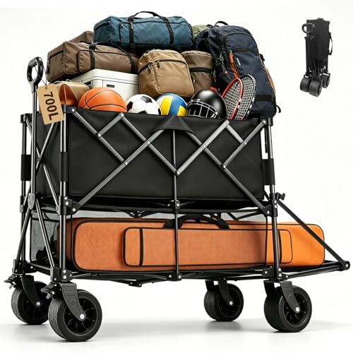 700L Large Capacity Double Decker Wagon Collapsible Wagon with Tailgate 55'' Extra Long, Foldable 600lbs Heavy Duty Beach Cart with All-Terrain Big Wheels,Utility Carts, Sports,Outdoor,Shoping Cart - color: Black