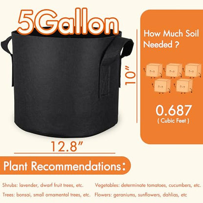 Gardzen 20-Pack 5 Gallon Grow Bags, 300G Thickened Fabric Grow Bags with Handles, Heavy Duty Aeration Plant Grow Bags for Indoor & Outdoor Use - size: 5 Gallons (Pack of 2)