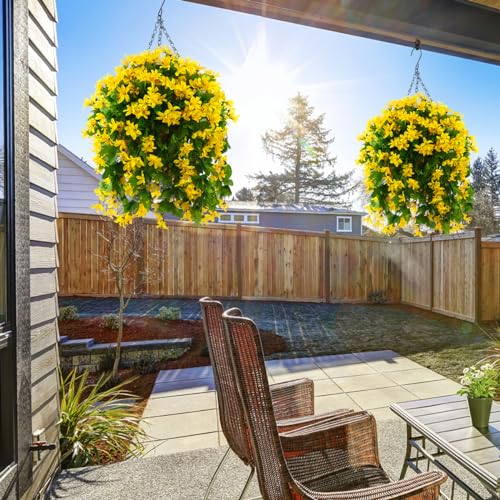 INQCMY Fake Hanging Flowers with Basket Artificial Violet for Outdoor Porch - color: Yellow