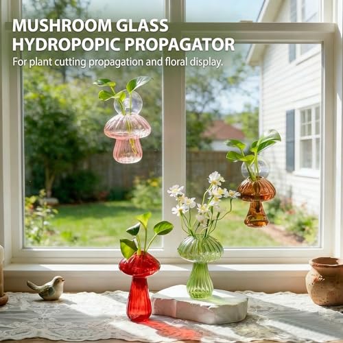Window Propagation Stations, Propagation Vases, Colored Mushroom Glass Vases with Suction Cups, Nail-Free Easy-Install Wall-Mounted Planters, Plant Lover Gifts (4-Pack)