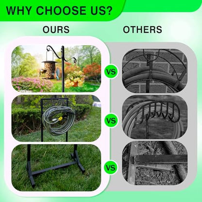 Garden Hose Holder, Upgraded Water Hose Holders with 5 Spikes & 2 Shepherds Hooks, Heavy Duty Metal Hose Stand Sturdy Freestanding Hose Hanger, Detachable Storage Rack, for Outside Yard Lawn