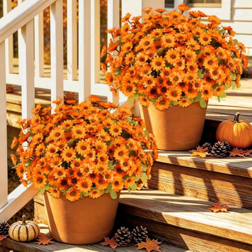 Fake Mums Artificial Fall Flowers for Outdoors Silk Daisy Bulk - color: Orange