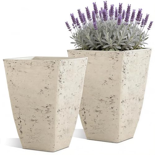 2-Pack 19" Country White Resin Square Planters with Drainage Hole - color: 19"h-ivory Rustic Stone
