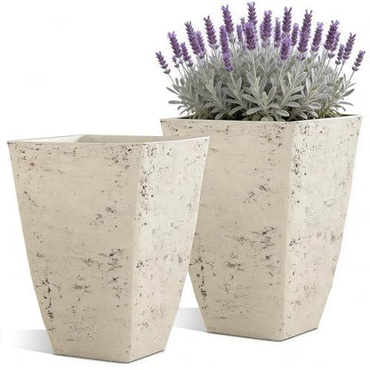 2-Pack 19" Country White Resin Square Planters with Drainage Hole - color: 19"h-ivory Rustic Stone