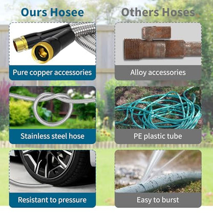 25FT Water Hose,Non Kinking Stainless Steel Hose, Kink Free Flexible 50 Foot Metal Hose for Outside Yard Backyard Lawn, Burst Proof with 10-Pattern Nozzle - size: 25FT