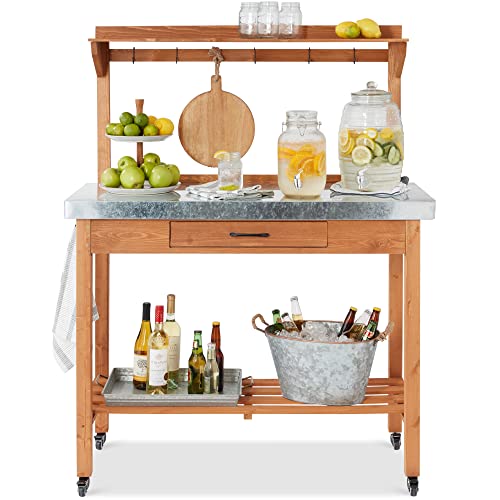 Best Choice Products Mobile Outdoor Table and Storage Cabinet w/Grill Accessory Hooks, 4 Locking Wheels, Stainless Steel Top for Patio Kitchen Island or Bar Cart - Medium Stained Brown