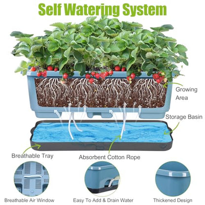 Oliz Window Box Planter 6 Pcs, 17 Inches Rectangle Flower Pots with Drainage Holes and Trays, Vegetable Planters for Windowsill Patio Garden Balcony Home Indoor Outdoor (Blue, 18 * 10 * 6 inch) - size: 18*10*6 inch