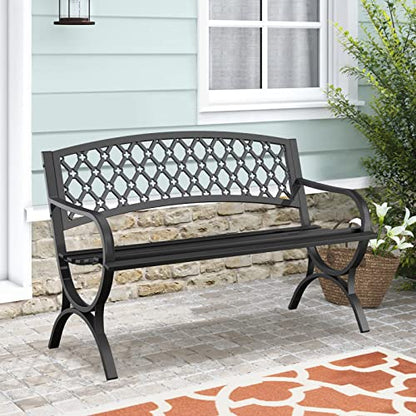 Outdoor Bench Garden Benchs, Weatherproof Anti-Rust Heavy-Duty Outside Bench Clearance, Wrought Iron Metal Bench for Front Porch, Patio, Park, Ergonomic Backrest, Slatted Seat - style: Quadrilateral