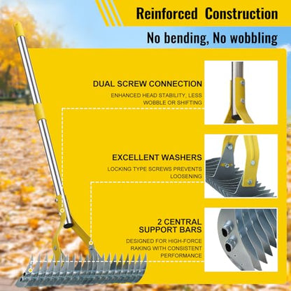 Garden Leaf Rake: Dual Function Thatching Rake for Lawn Dead Grass Leaves, Stainless Steel Heavy Duty 69” Lawn Dethatcher with Sharp 19 Tines, Fast Weeds, Leaf, Thatch, Dead Grass Removal Garden Tool - style: 69"
