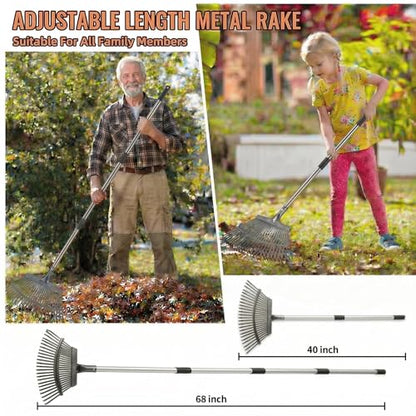 Metal Bow Leaf Rake with 25 Steel Teeth & 68" Stainless Steel Handle - size: 68-IN
